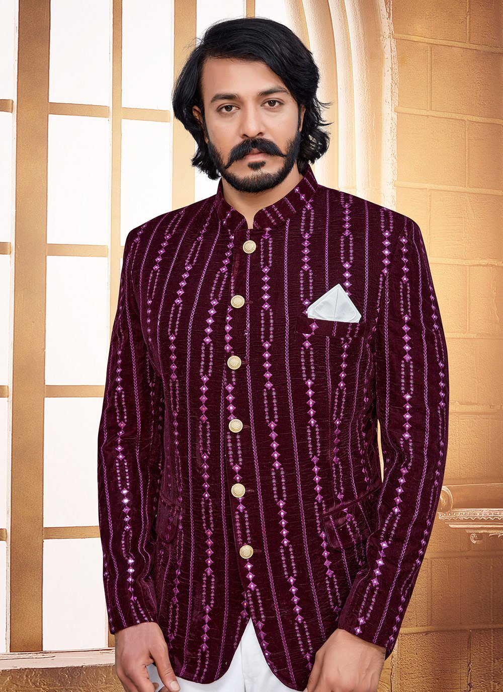 Jodhpuri Suit Velvet Purple Embroidered Mens