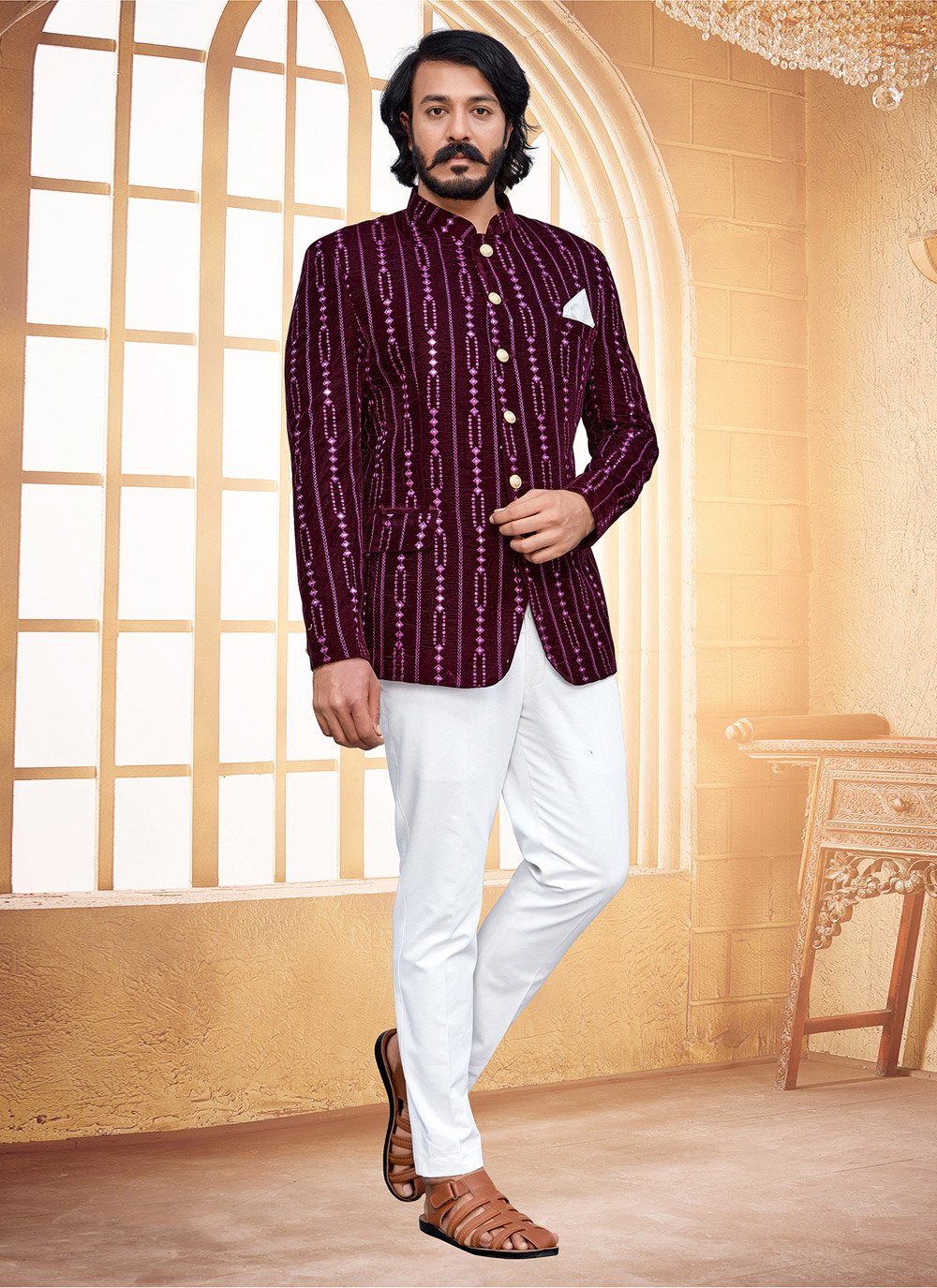 Jodhpuri Suit Velvet Purple Embroidered Mens