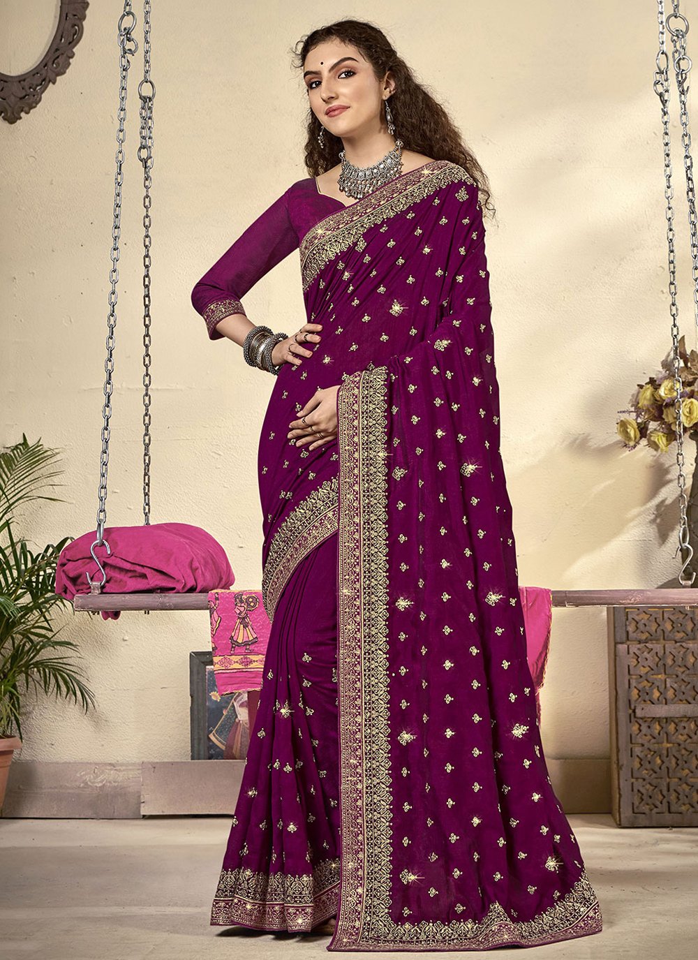 Contemporary Vichitra Silk Purple Diamond Saree