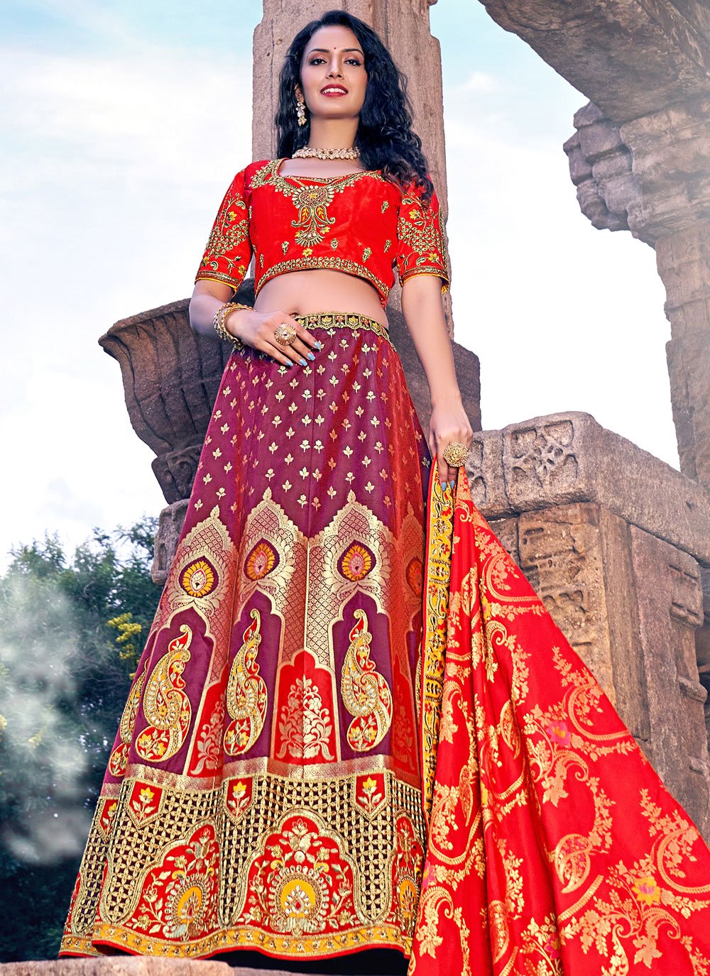 A Line Lehenga Banarasi Silk Purple Embroidered Lehenga Choli