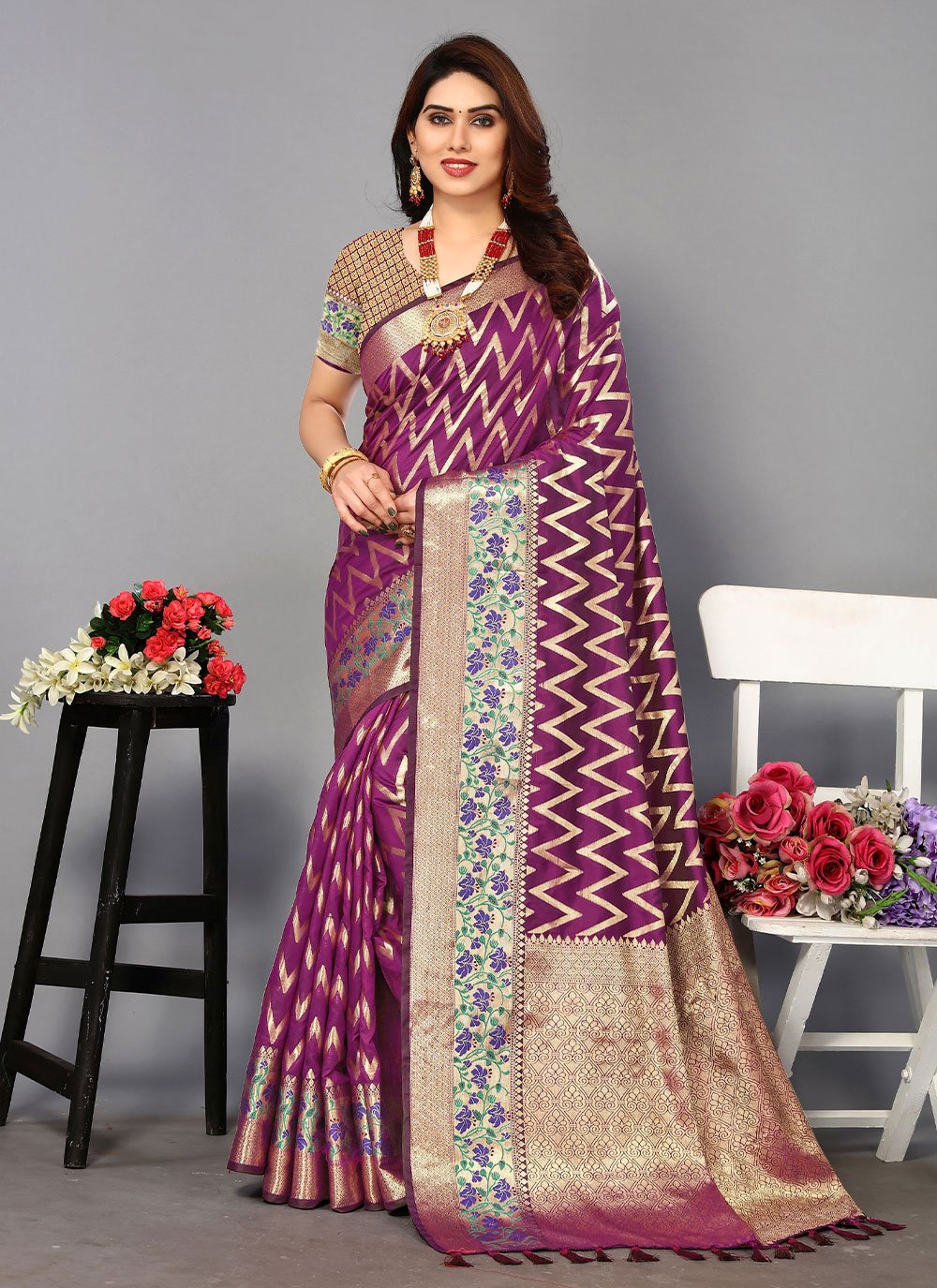 Contemporary Silk Purple Jacquard Work Saree