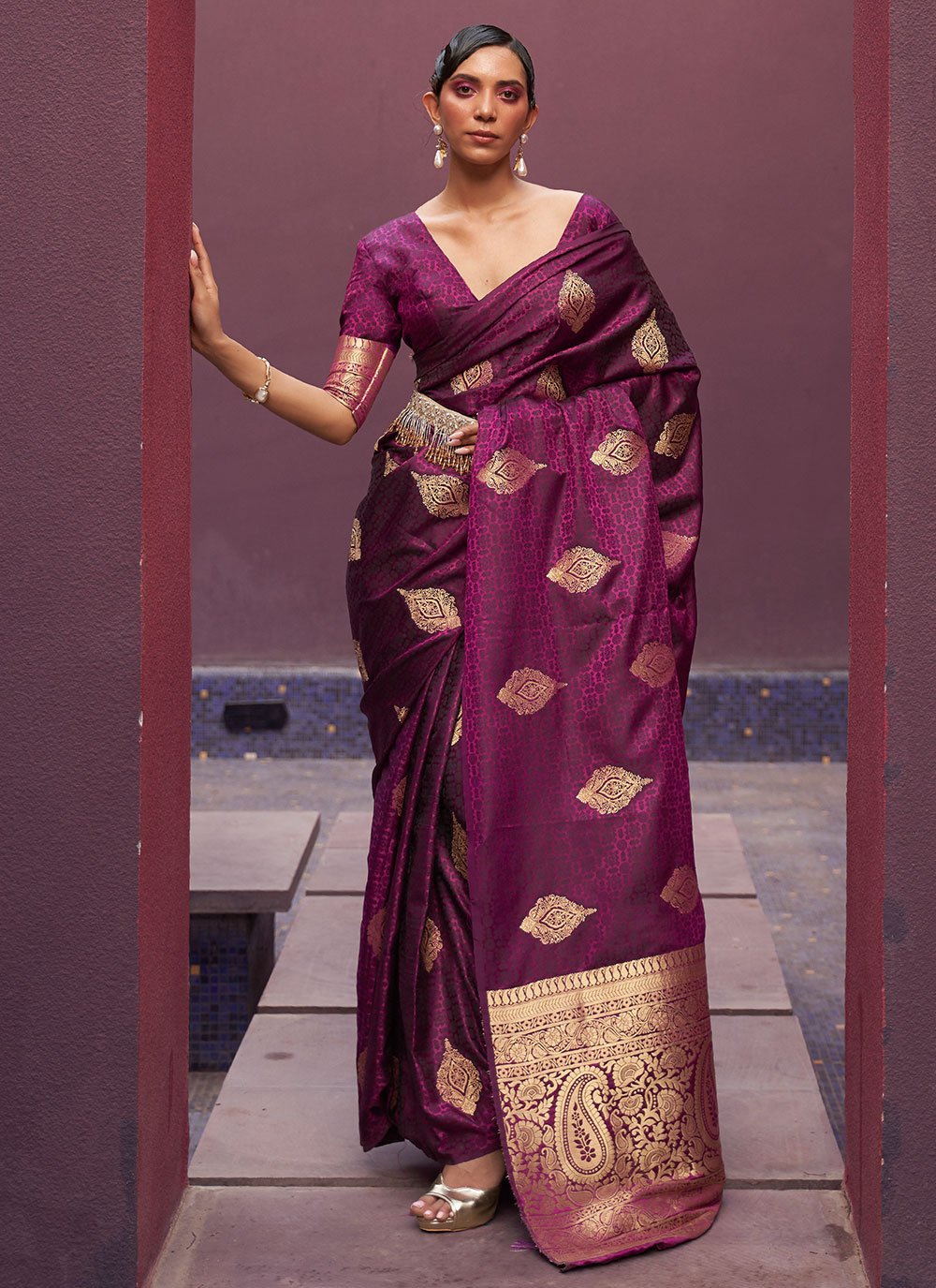 Trendy Saree Satin Silk Purple Weaving Saree