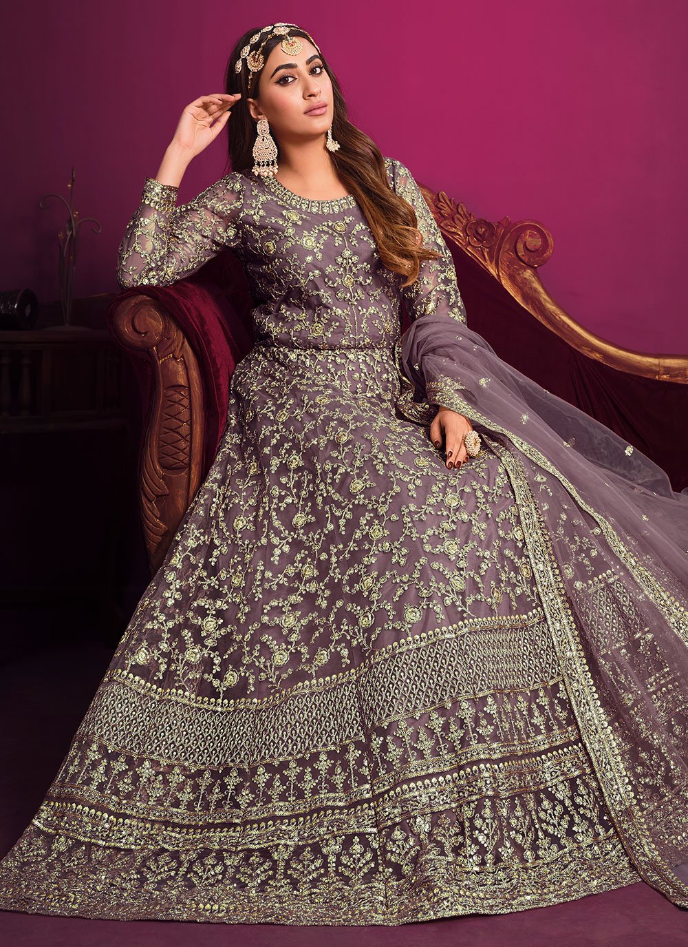 Anarkali Suit Net Purple Embroidered Salwar Kameez