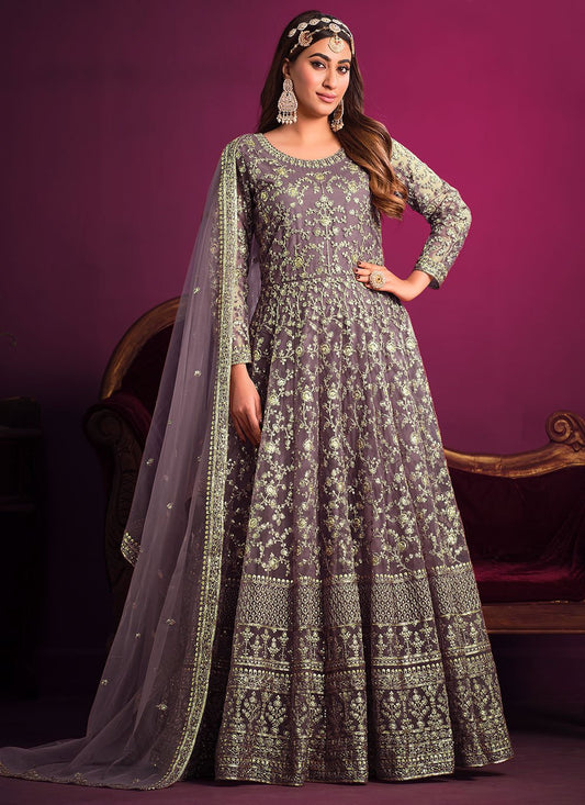 Anarkali Suit Net Purple Embroidered Salwar Kameez
