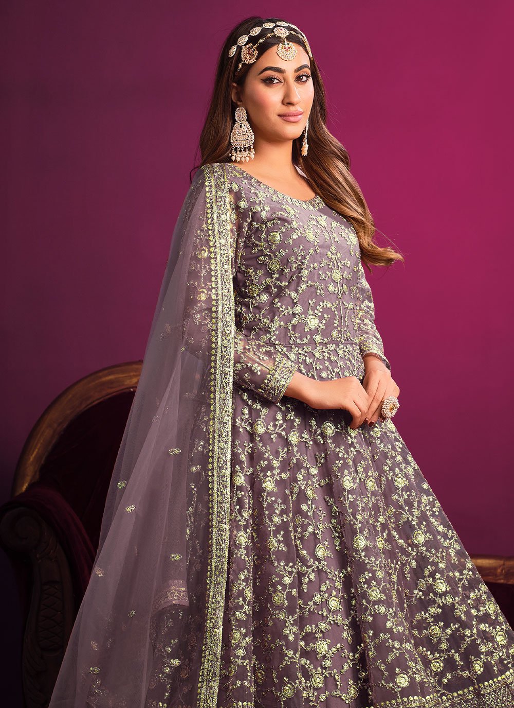 Anarkali Suit Net Purple Embroidered Salwar Kameez