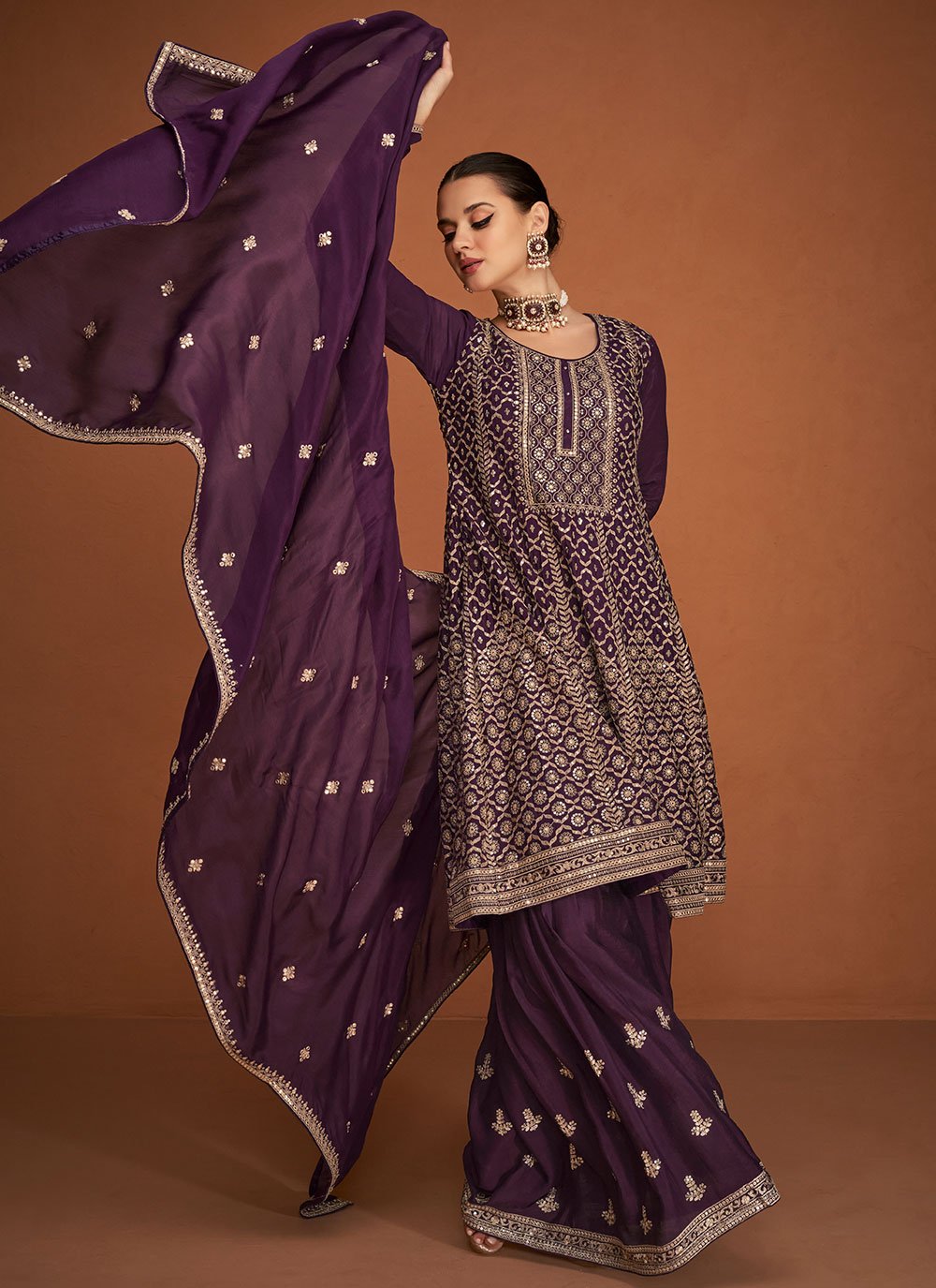 Palazzo Salwar Suit Chinon Silk Purple Buttons Salwar Kameez