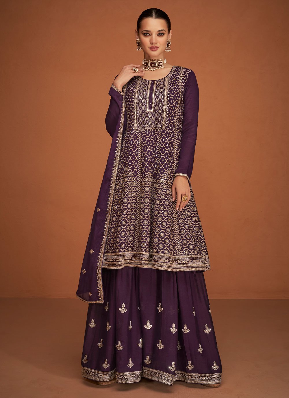 Palazzo Salwar Suit Chinon Silk Purple Buttons Salwar Kameez