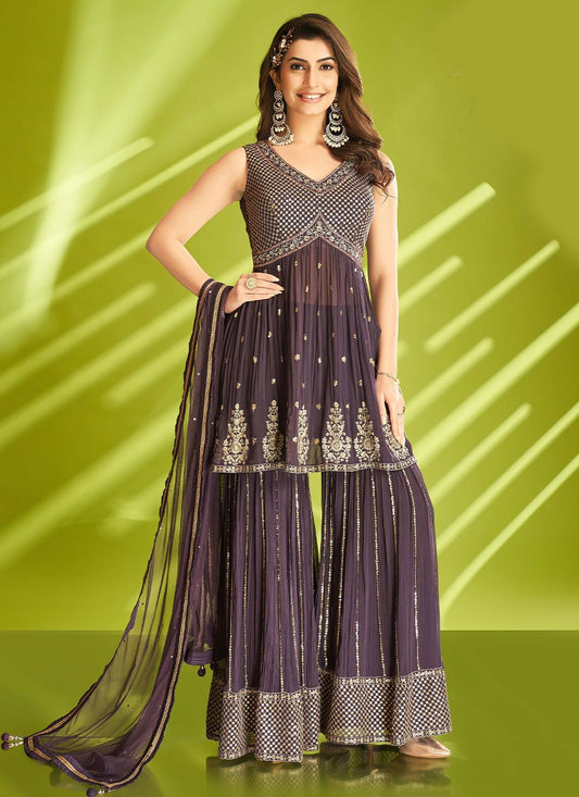 Salwar Suit Georgette Purple Embroidered Salwar Kameez