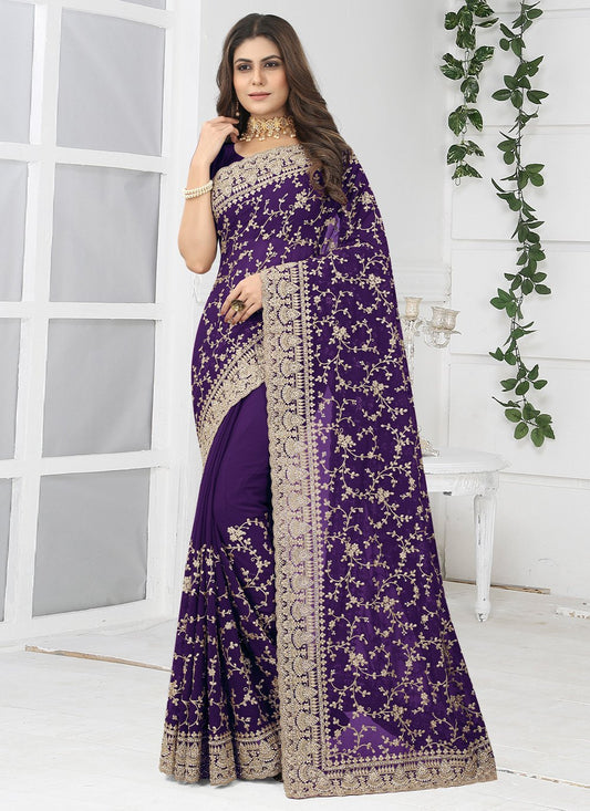 Contemporary Georgette Purple Embroidered Saree