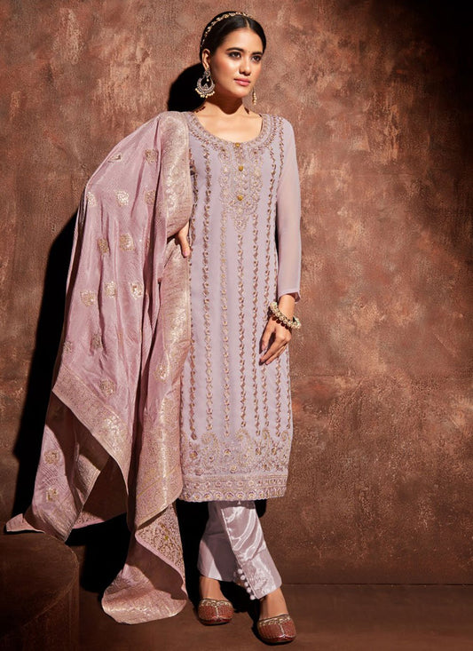 Pant Style Suit Georgette Purple Embroidered Salwar Kameez