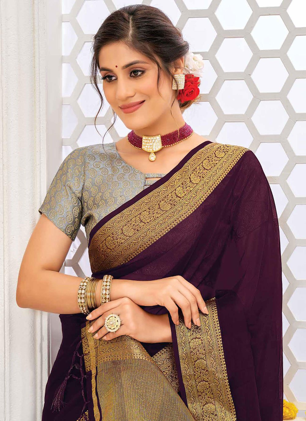 Classic Organza Silk Purple Patch Border Saree