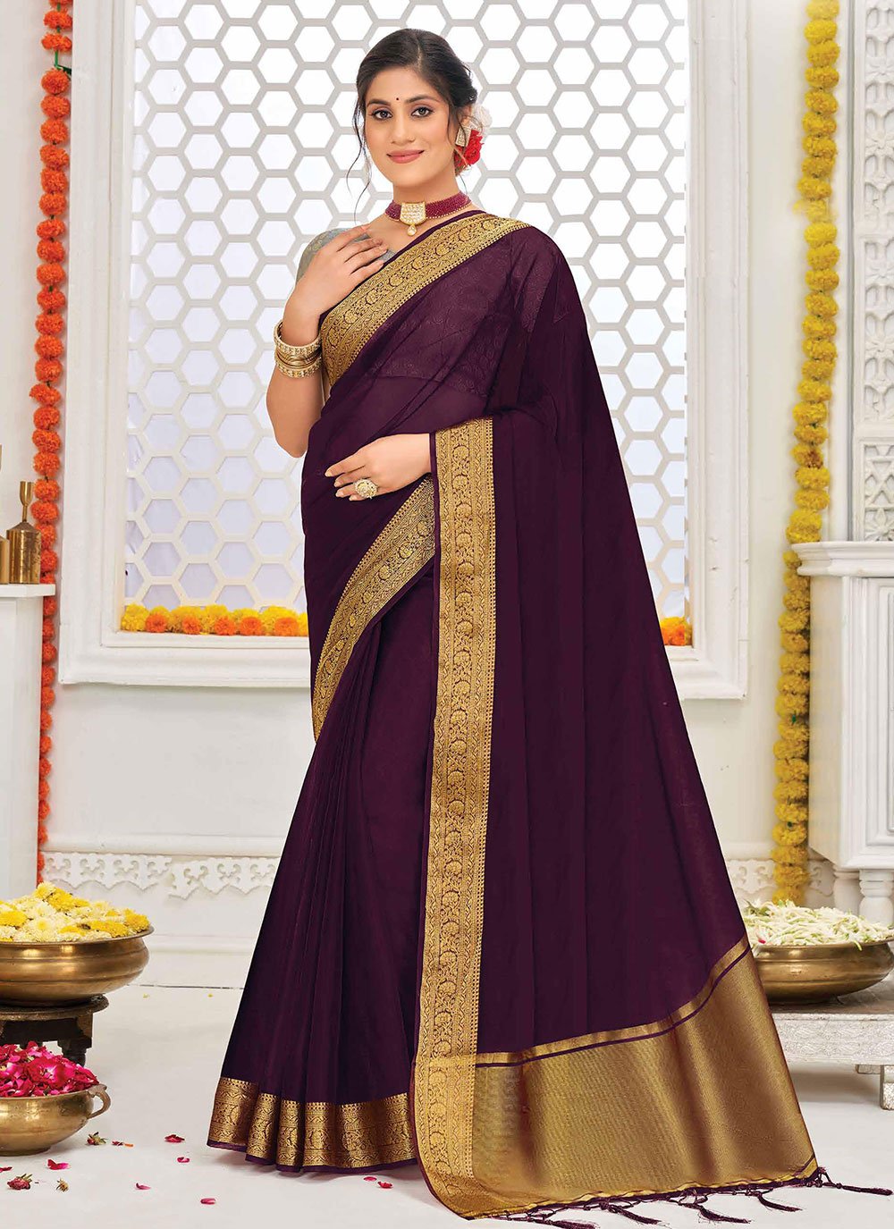 Classic Organza Silk Purple Patch Border Saree