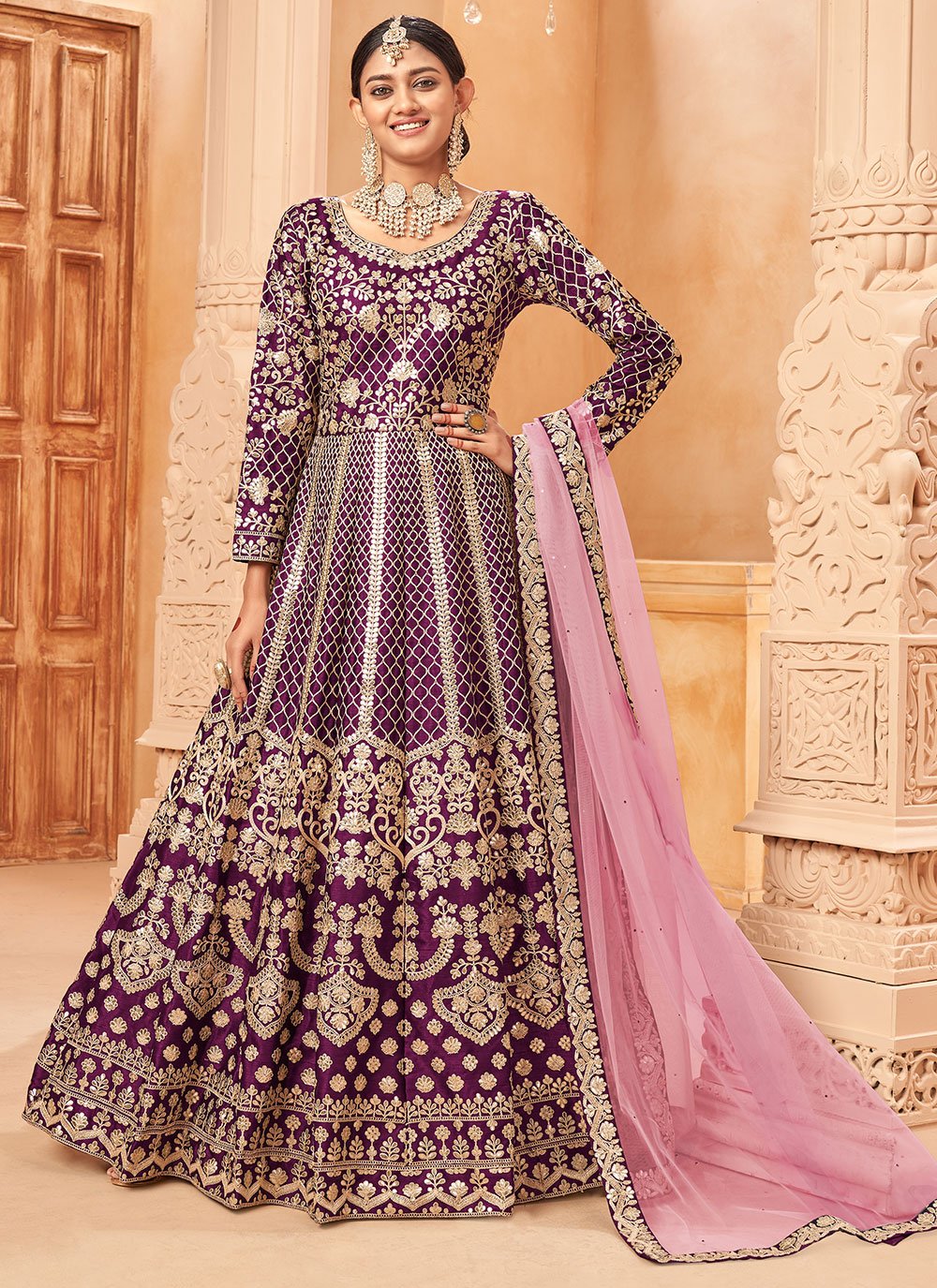 Salwar Suit Art Silk Purple Embroidered Salwar Kameez