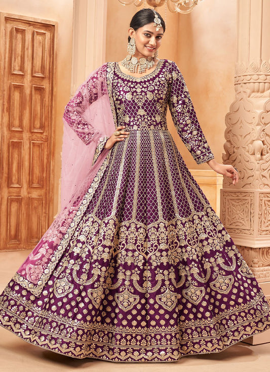 Salwar Suit Art Silk Purple Embroidered Salwar Kameez