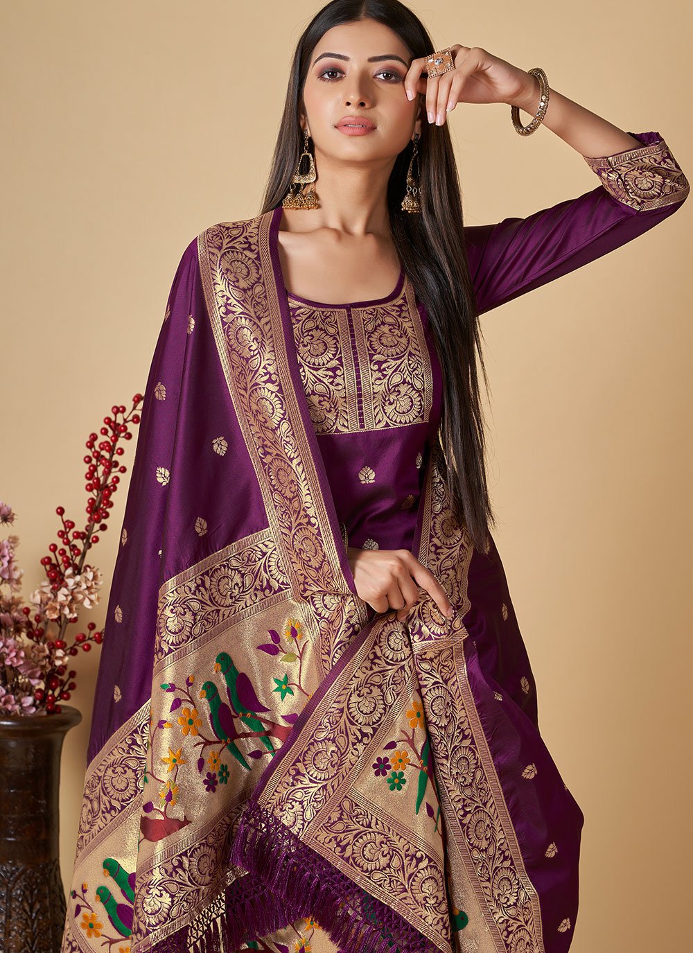 Straight Salwar Suit Banarasi Silk Purple Woven Salwar Kameez