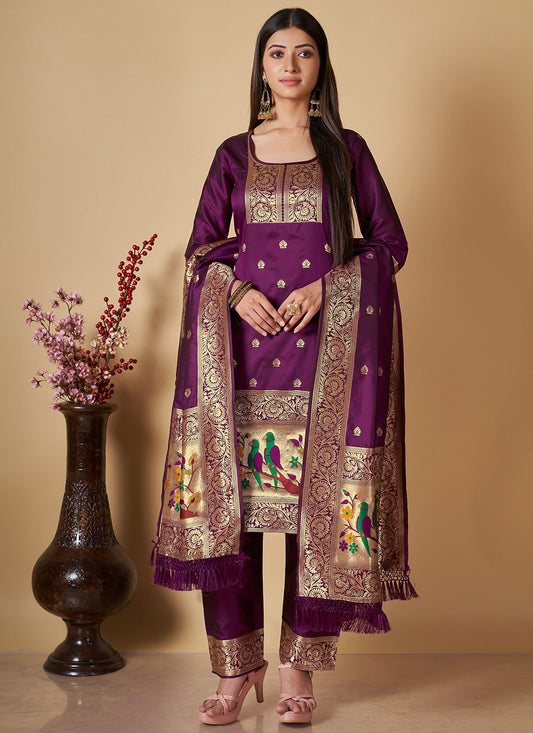 Straight Salwar Suit Banarasi Silk Purple Woven Salwar Kameez