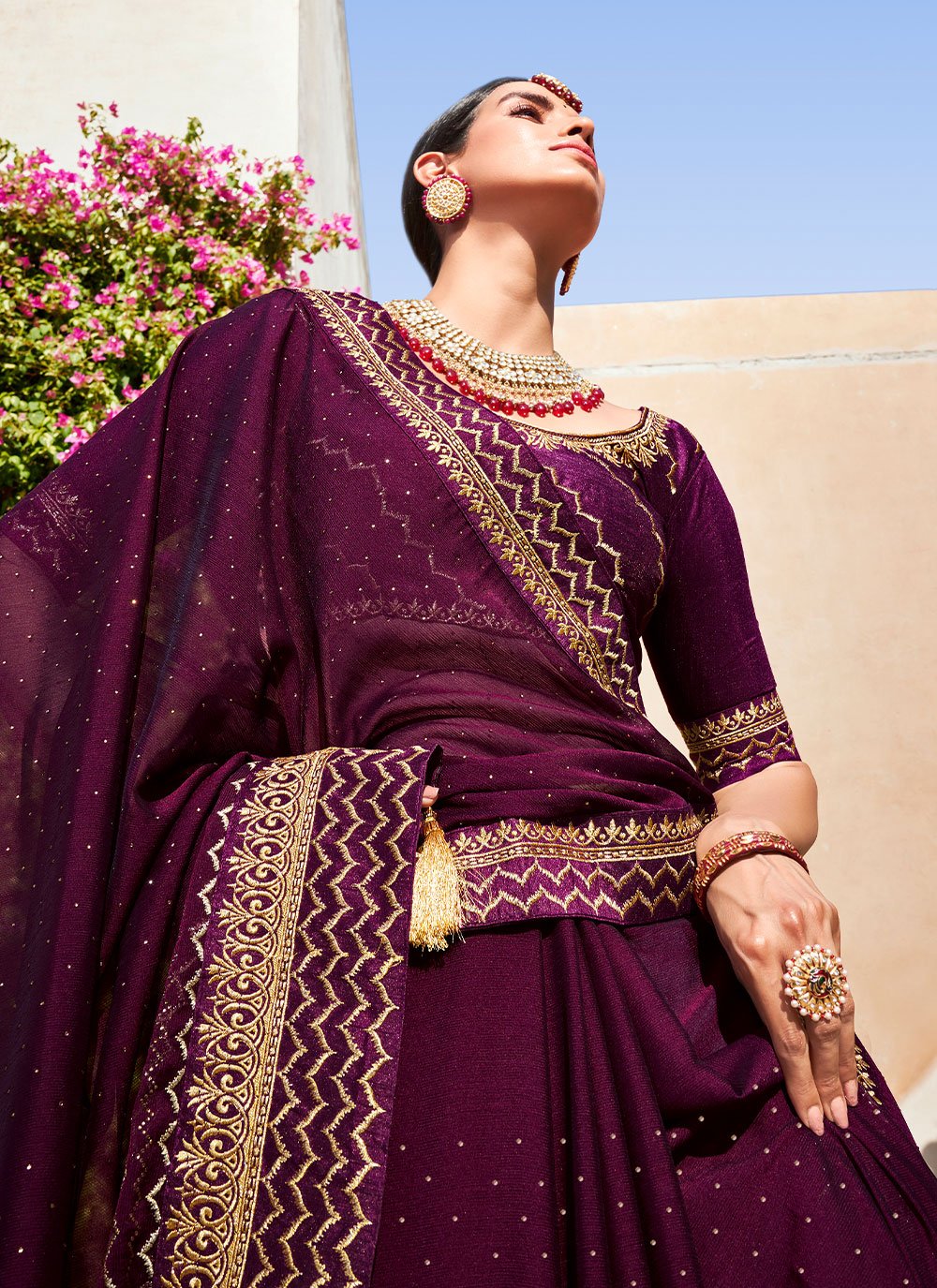 Trendy Saree Chiffon Purple Swarovski Saree