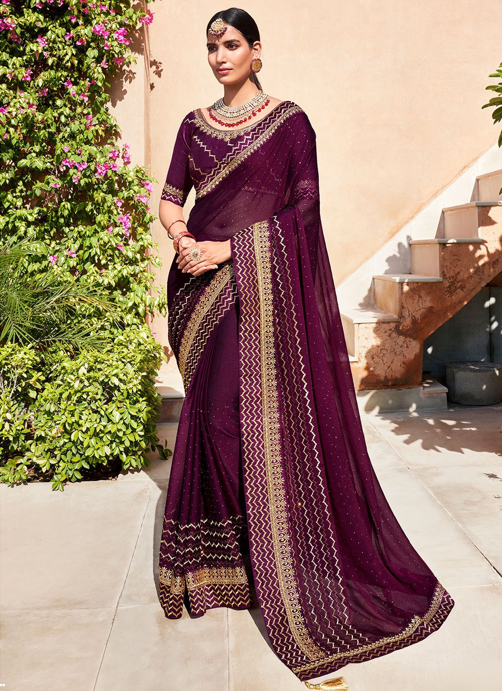 Trendy Saree Chiffon Purple Swarovski Saree