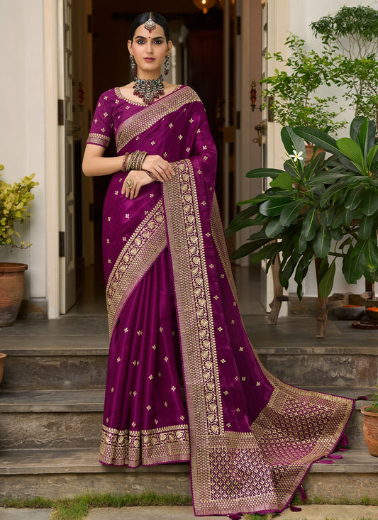 Designer Silk Purple Embroidered Saree