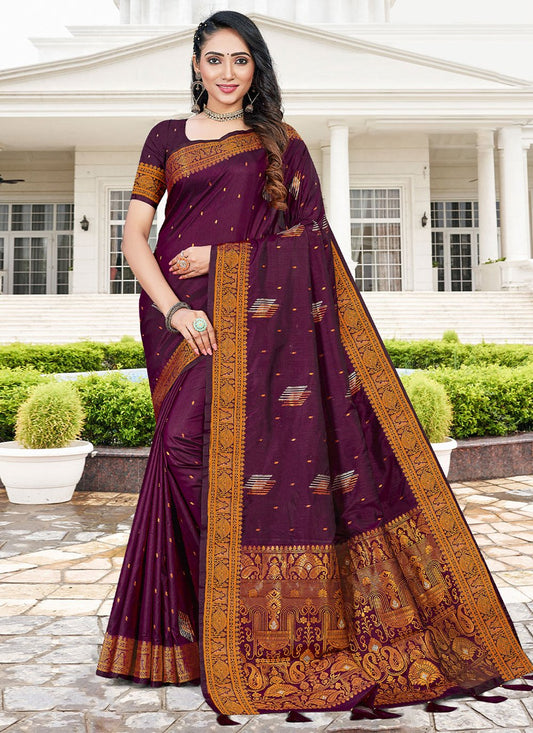 Trendy Saree Tussar Silk Purple Zari Saree