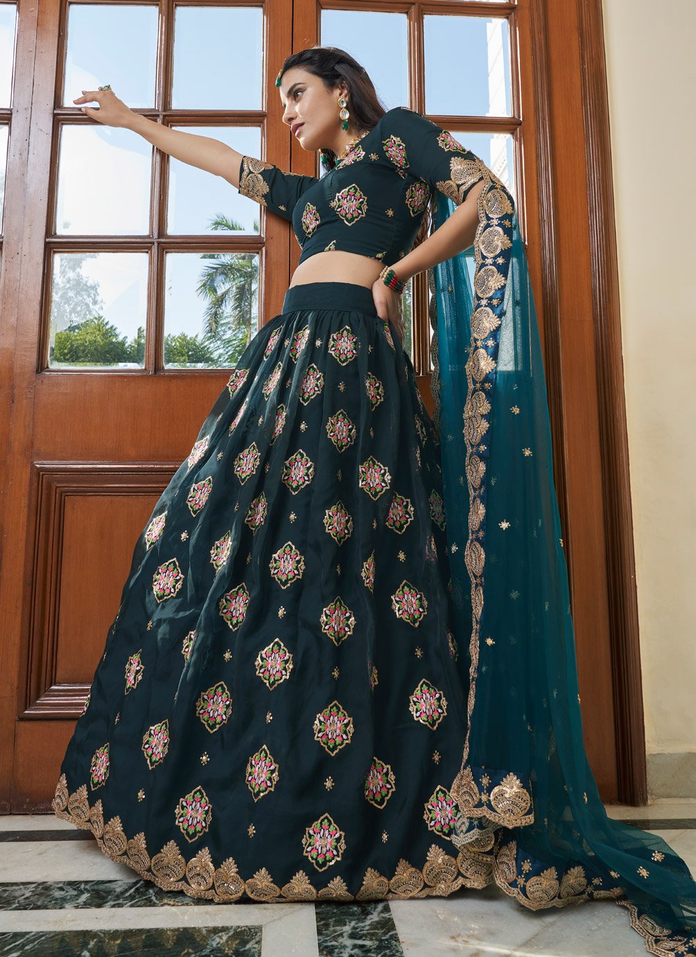 A Line Lehenga Organza Rama Embroidered Lehenga Choli