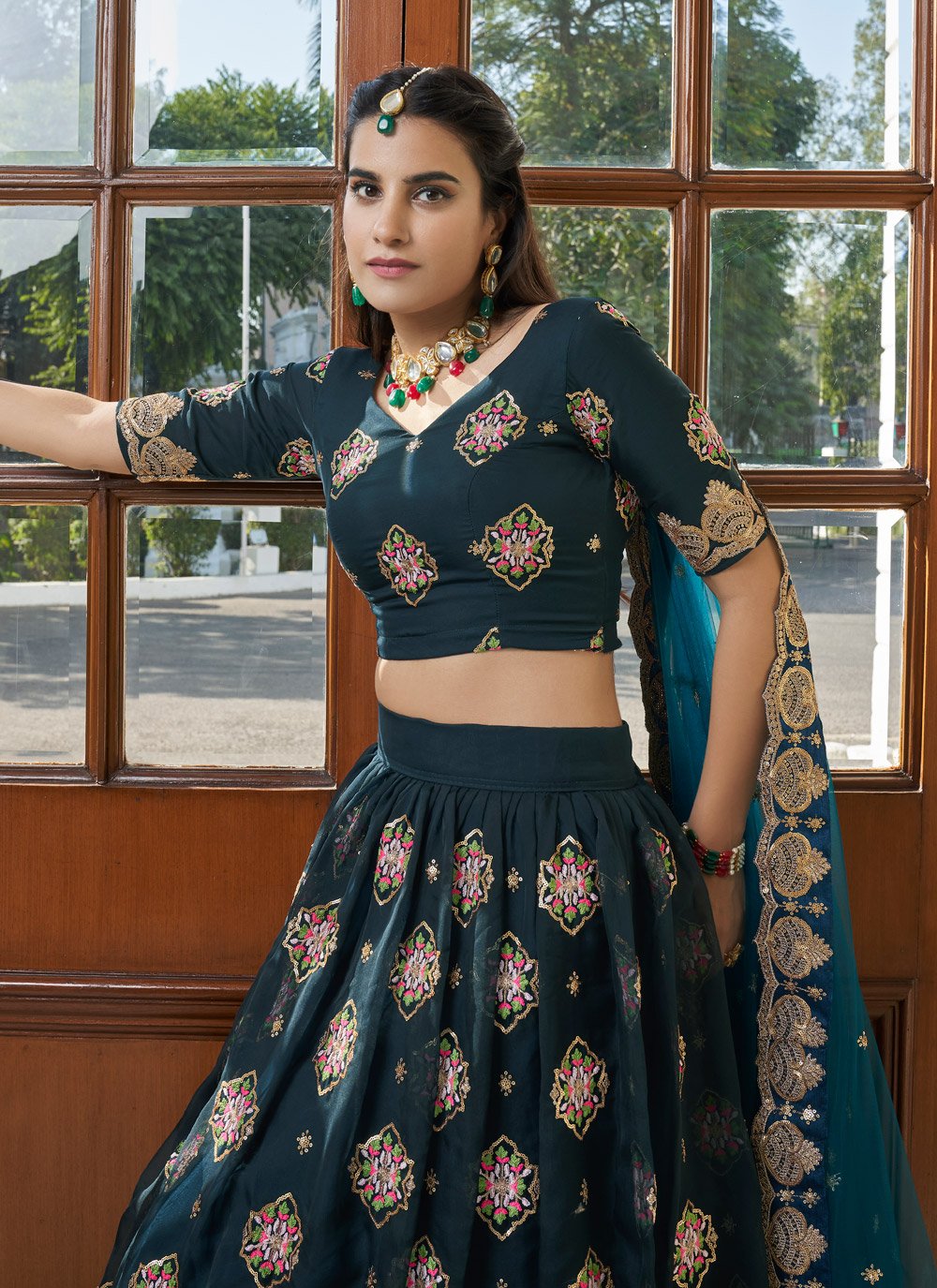 A Line Lehenga Organza Rama Embroidered Lehenga Choli