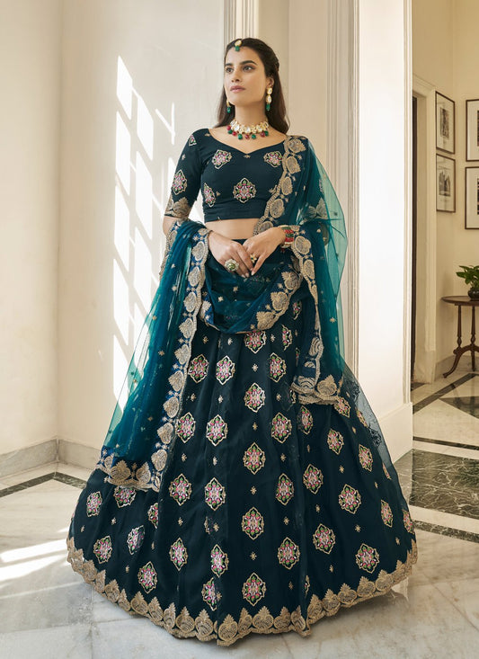 A Line Lehenga Organza Rama Embroidered Lehenga Choli