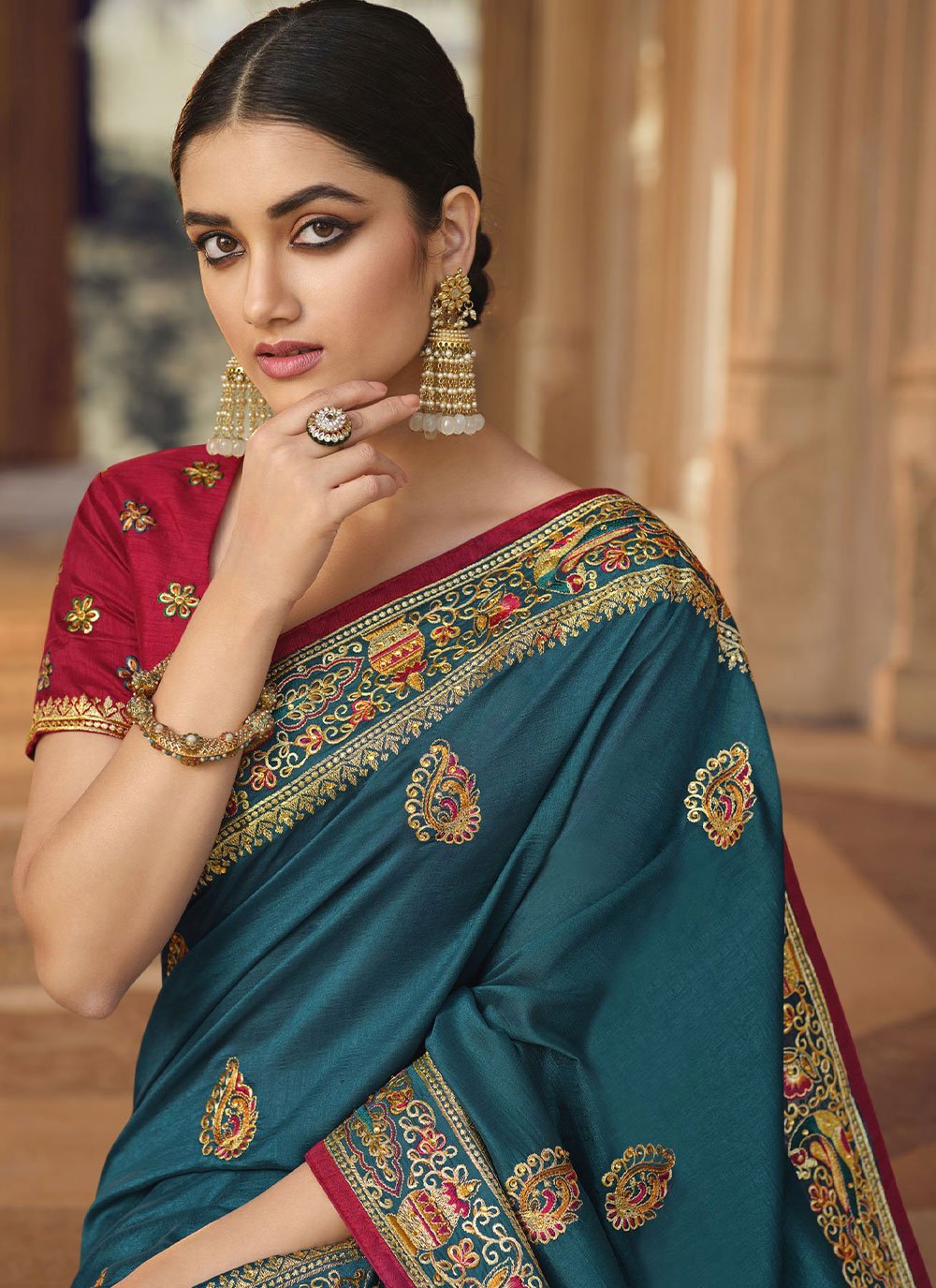 Classic Art Silk Rama Embroidered Saree