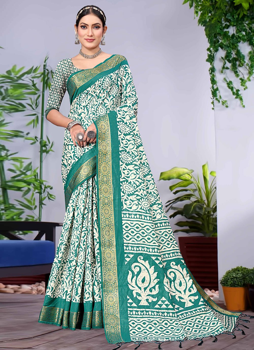 Contemporary Banarasi Silk Rama Patch Border Saree