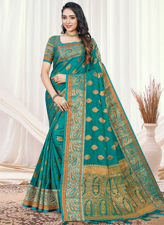 Contemporary Organza Rama Fancy Work Saree