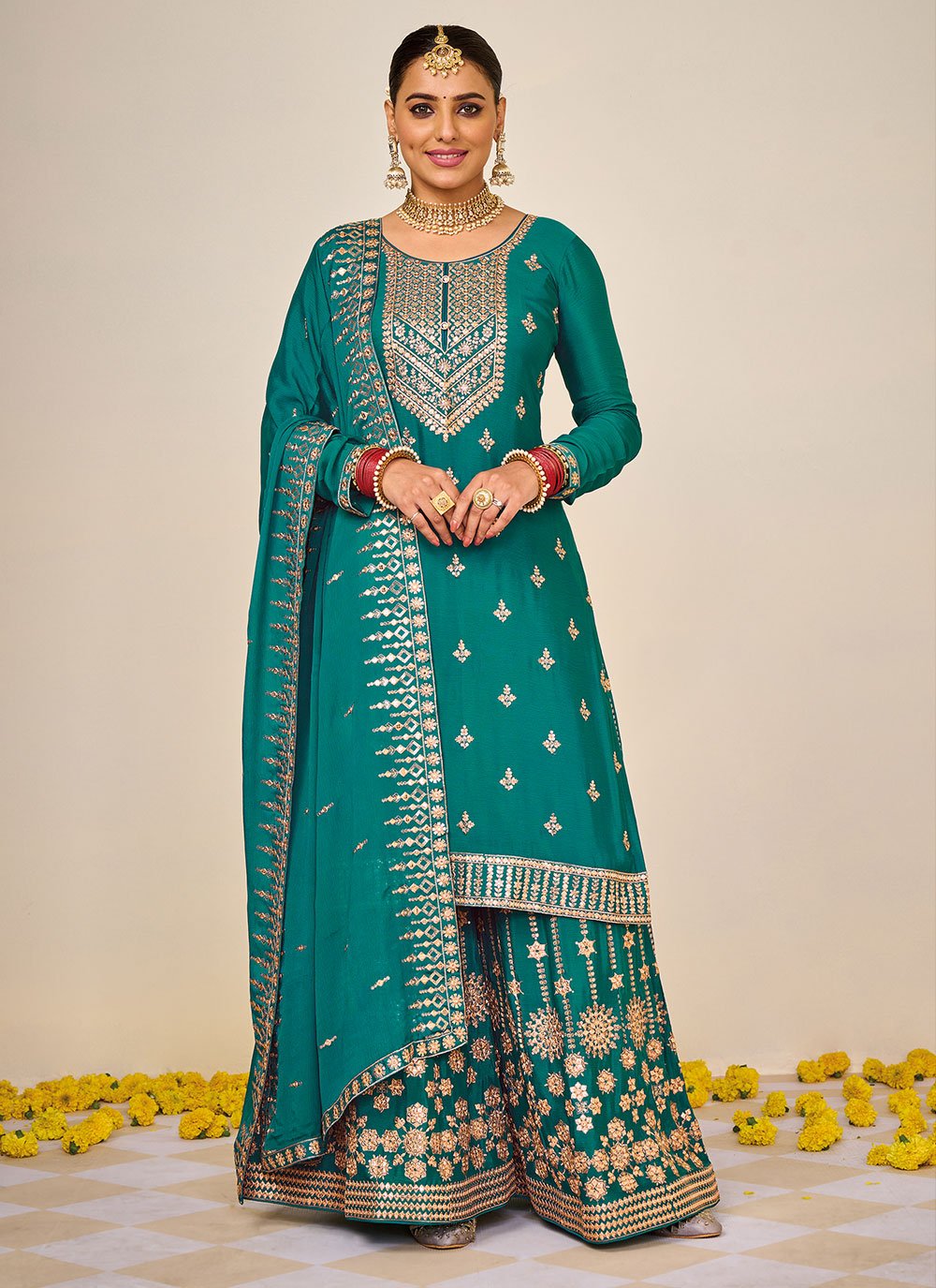 Salwar Suit Chinon Rama Embroidered Salwar Kameez