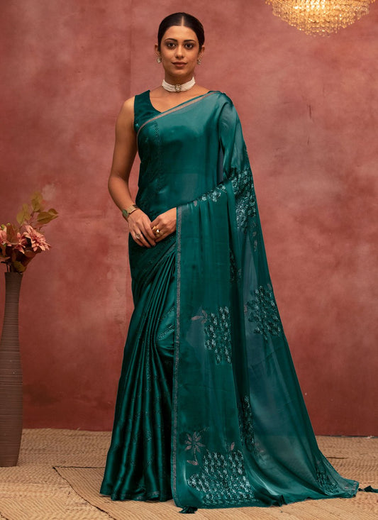 Contemporary Satin Silk Rama Floral Patch Saree