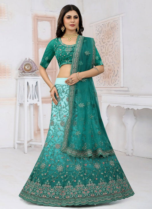 Lehenga Choli Net Rama Embroidered Lehenga Choli