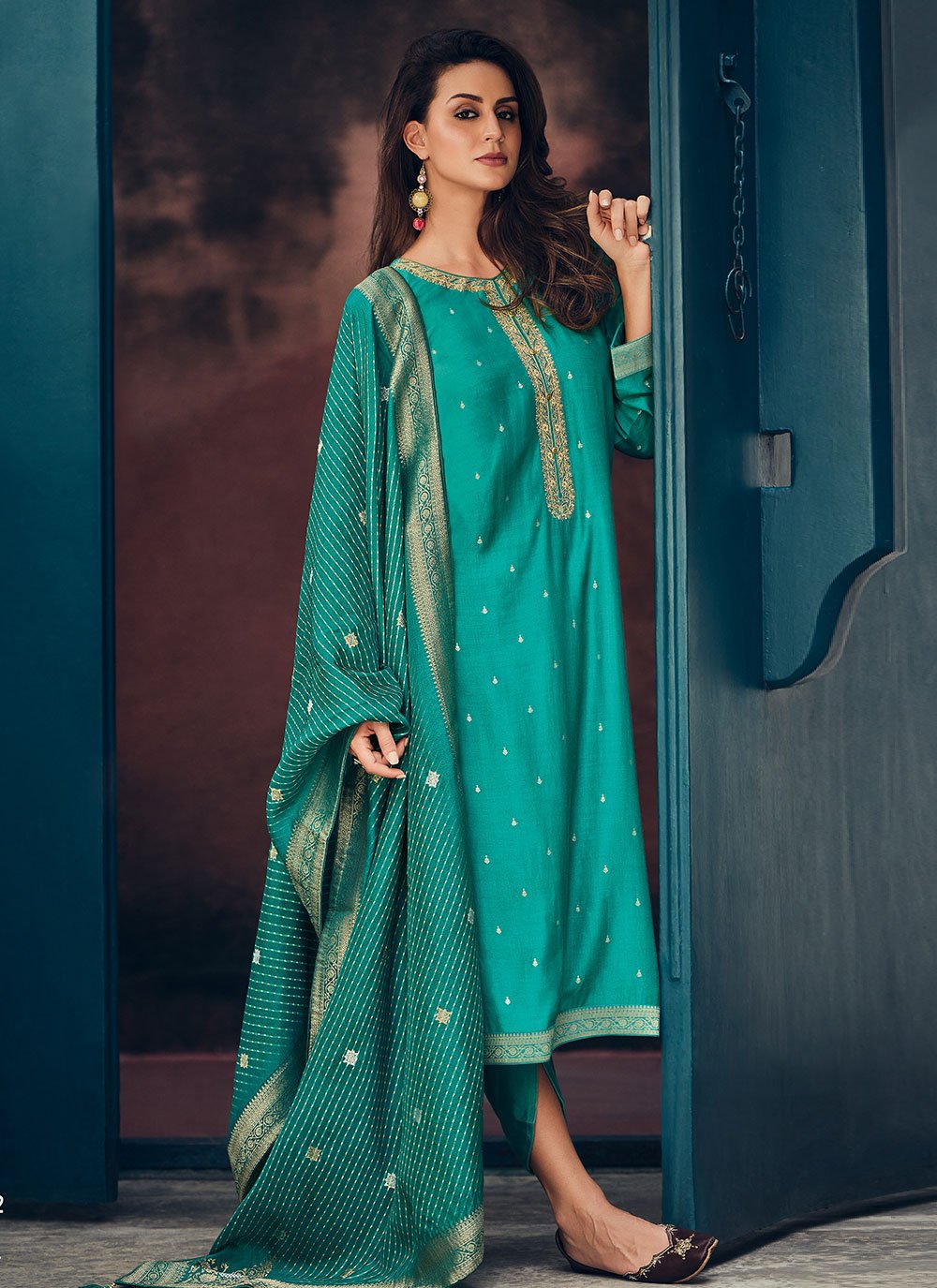 Salwar Suit Muslin Rama Embroidered Salwar Kameez