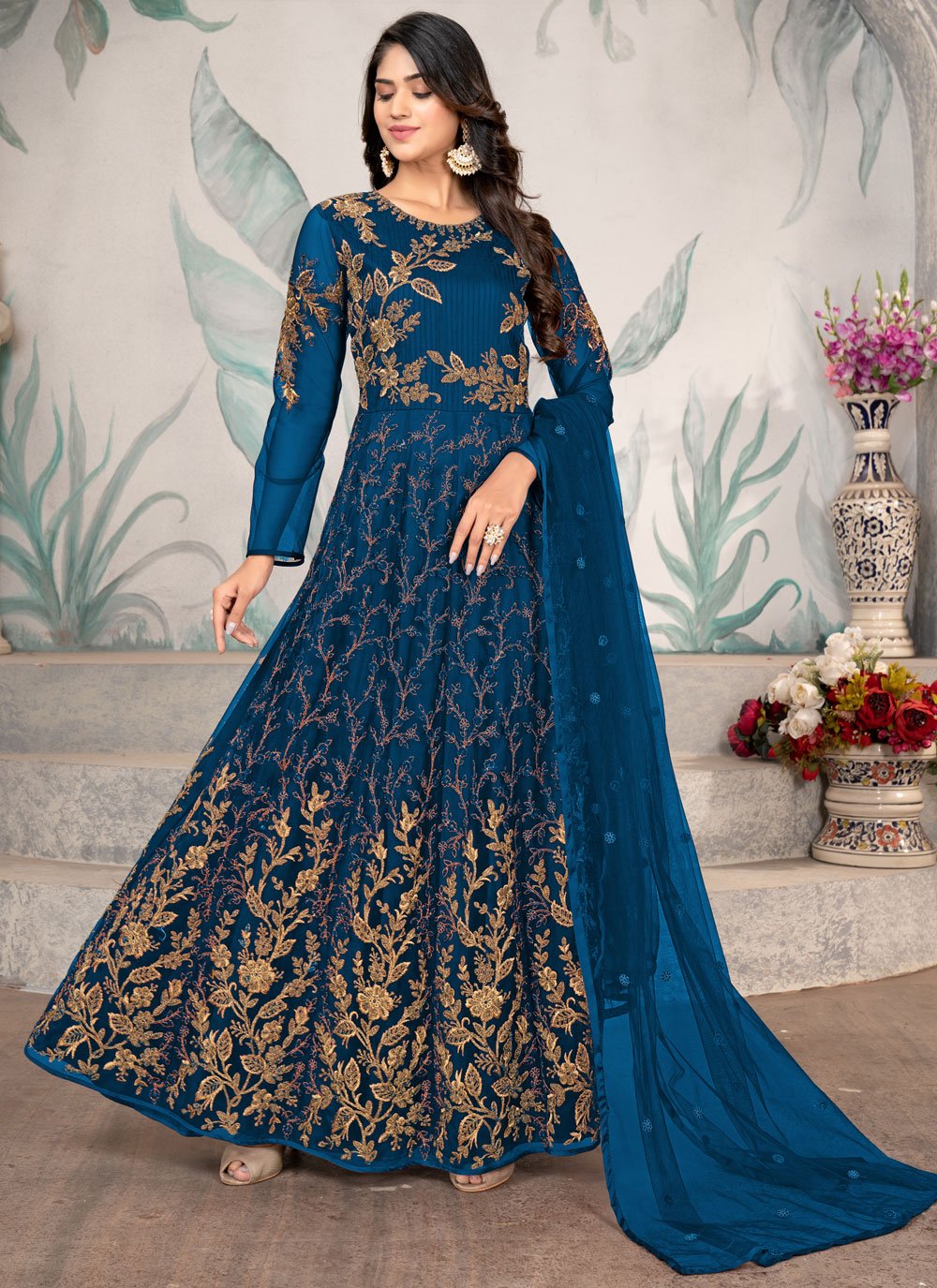 Salwar Suit Net Rama Embroidered Salwar Kameez