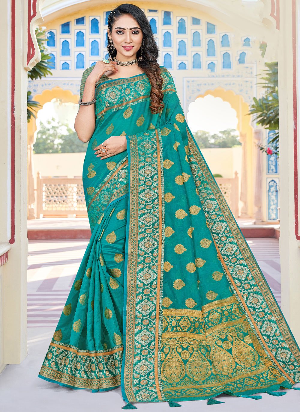 Contemporary Organza Rama Fancy Work Saree