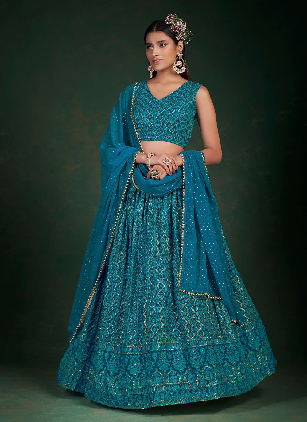 A Line Lehenga Georgette Rama Thread Lehenga Choli