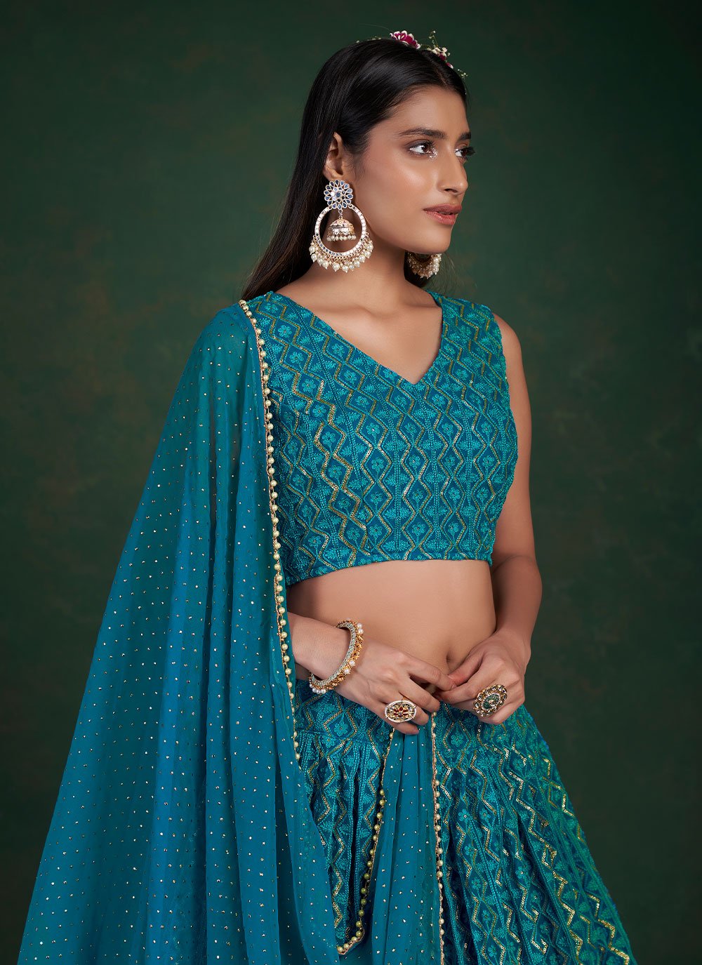 A Line Lehenga Georgette Rama Thread Lehenga Choli