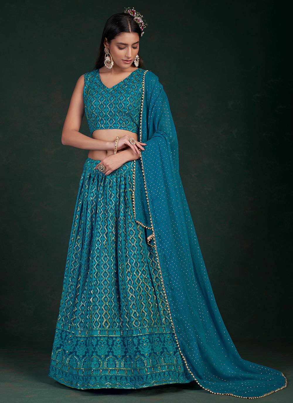 A Line Lehenga Georgette Rama Thread Lehenga Choli