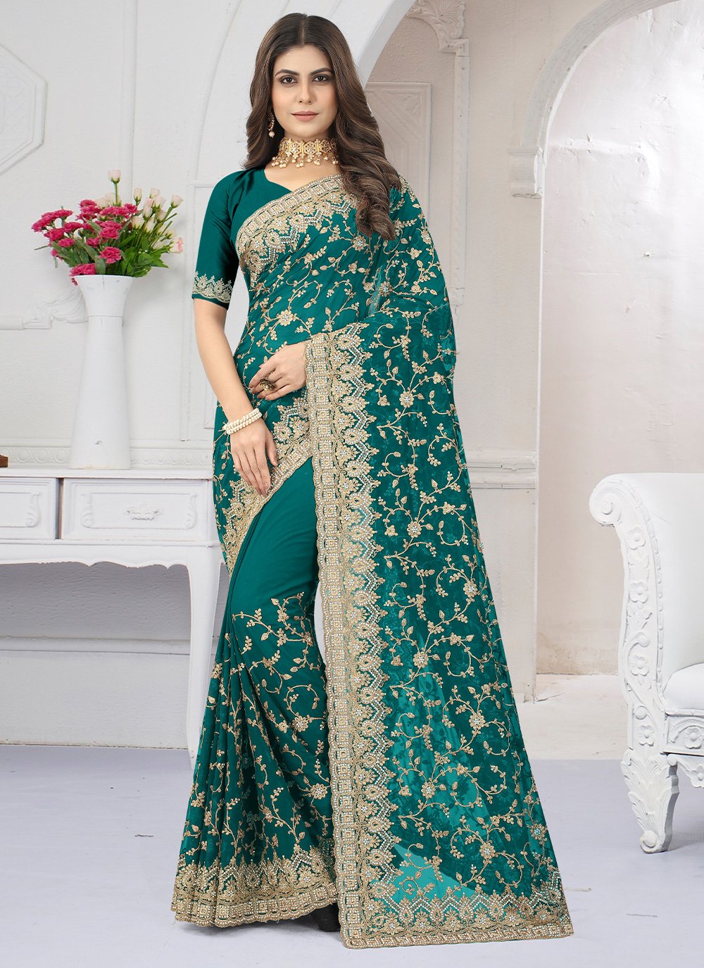 Contemporary Georgette Rama Embroidered Saree