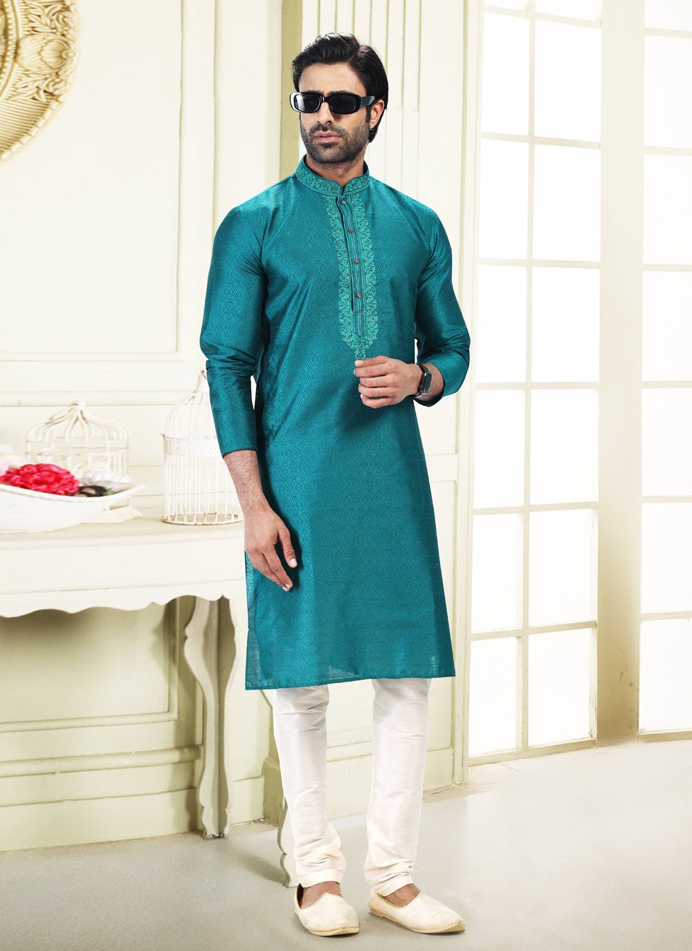 Kurta Pyjama Banarasi Silk Jacquard Rama Fancy Work Mens