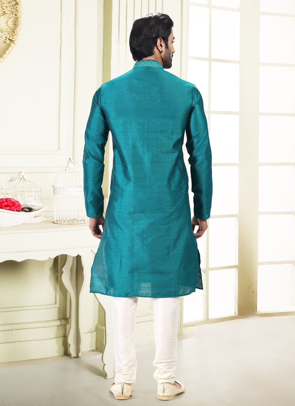 Kurta Pyjama Banarasi Silk Jacquard Rama Fancy Work Mens