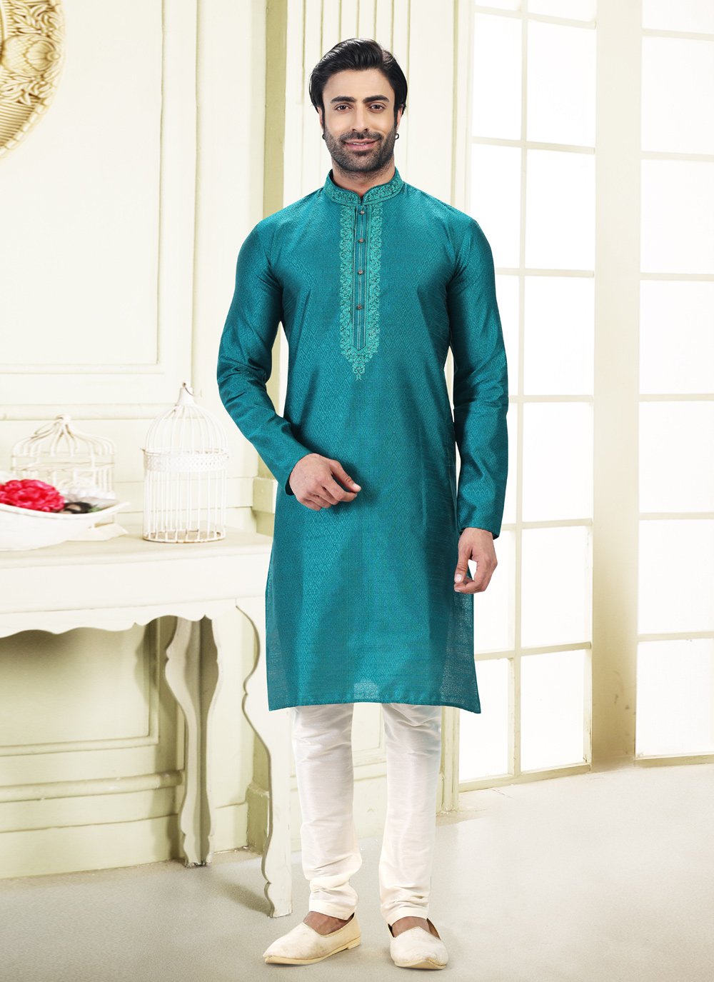 Kurta Pyjama Banarasi Silk Jacquard Rama Fancy Work Mens