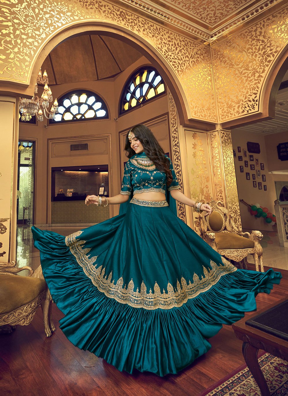 A Line Lehenga Satin Silk Rama Embroidered Lehenga Choli