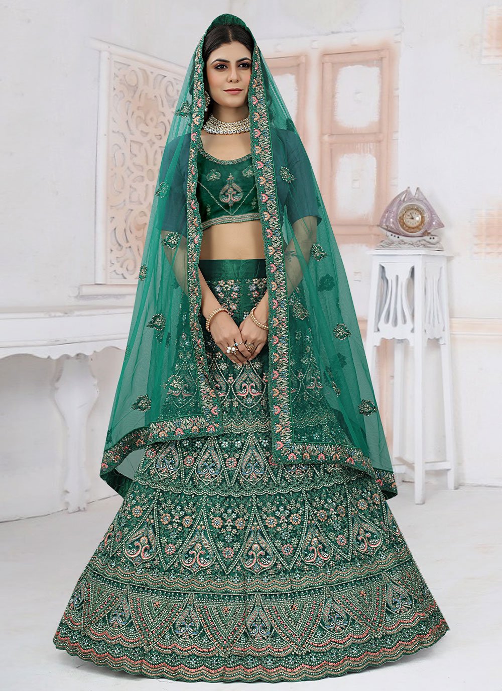 Lehenga Choli Net Rama Embroidered Lehenga Choli