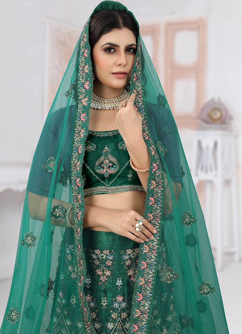 Lehenga Choli Net Rama Embroidered Lehenga Choli