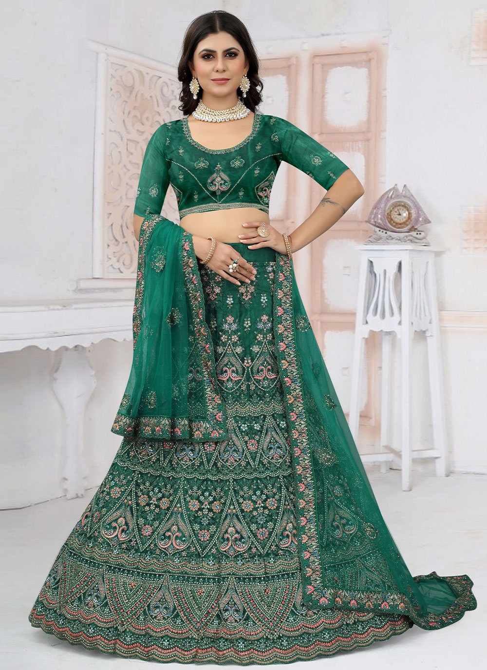 Lehenga Choli Net Rama Embroidered Lehenga Choli