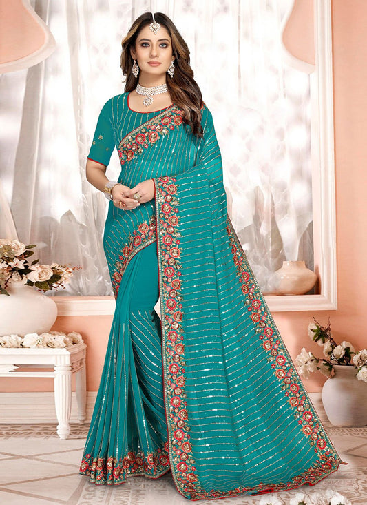 Contemporary Georgette Rama Embroidered Saree