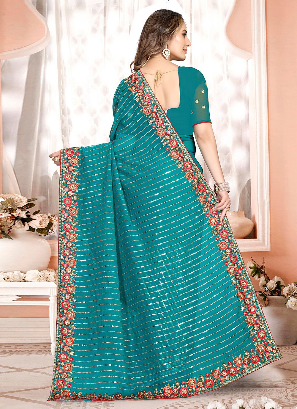 Contemporary Georgette Rama Embroidered Saree