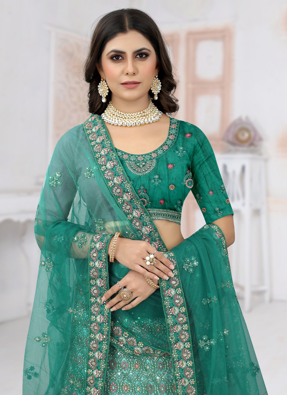 Readymade Lehenga Choli Net Rama Embroidered Lehenga Choli